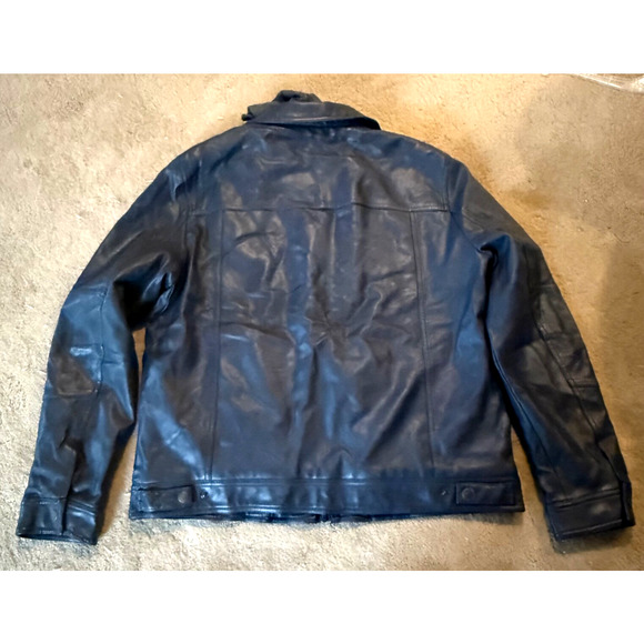 Mens Levis Black Faux Leather Jean Jacket Lined Zip Up Hooded Size Large $140 - Picture 2 of 14